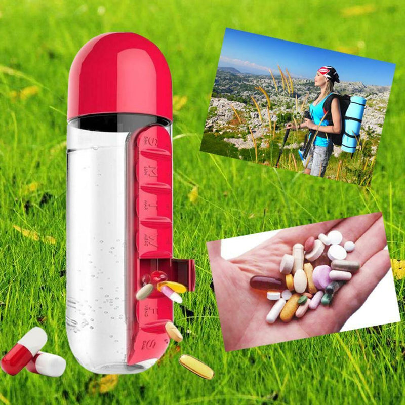 600ML Plastic 2 In 1 Combine Daily Pill Box Drinking Bottles Cups(Red)