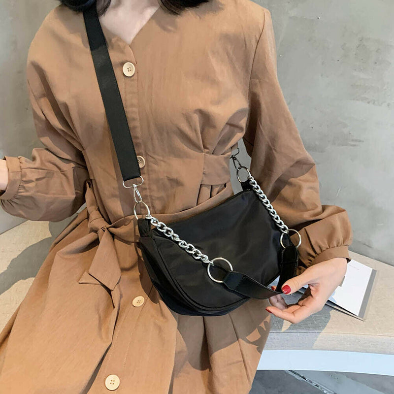 Nylon Women Shoulder Handbags Solid Ladies Travel Messenger Bags (Black)