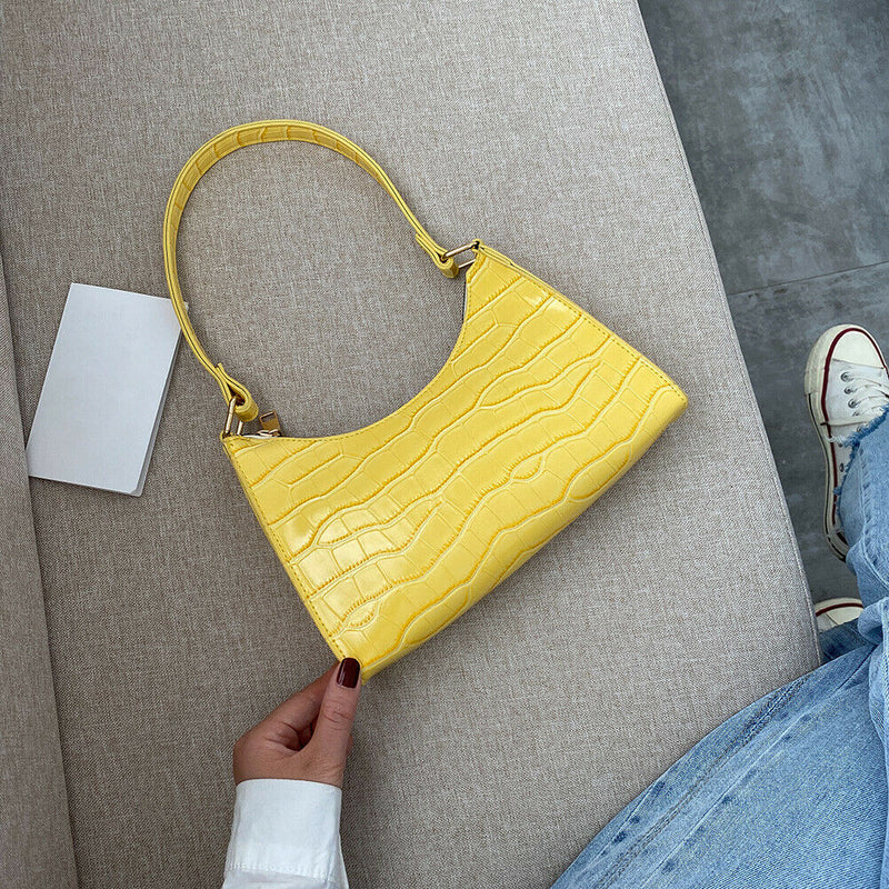 Fashion Alligator PU Handbag Women Solid Tote Elegant Shoulder Bag (Yellow)