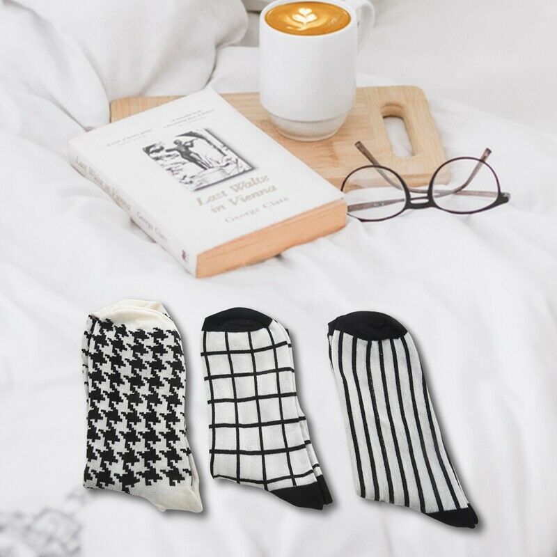 Autumn Winter Women Men Unisex Cotton Retro Socks 3 Pairs/lot Black+White E7P8