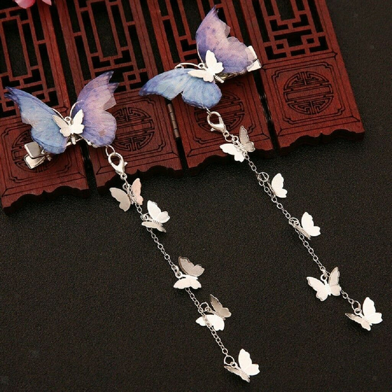 2pcs Womens Dangle Tassel Beads Hair Clip Chiffon Butterfly Hair Accessories