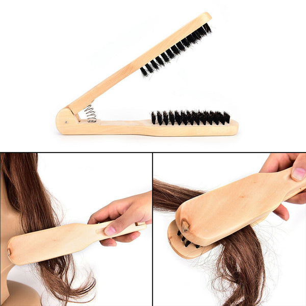 Wood Salon Style Hairdressing Bristle Hair Straightening Brush V Shape Comb 3c