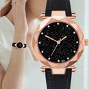 Women PU Leather Quartz Luxury Starry Sky Crystal Round Dial Watch (Black) A
