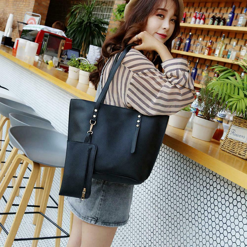 4pcs/set Solid Color Litchi Pattern Women Shoulder Handbags Clutch (Black)