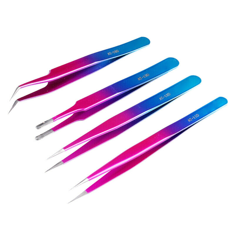4x Electroplated Colorful Tweezers Precision Stainless Steel Anti-static T UFK