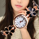 Girls Chic Fashion Flower Rose Golden Bracelet Wrist Watch Black