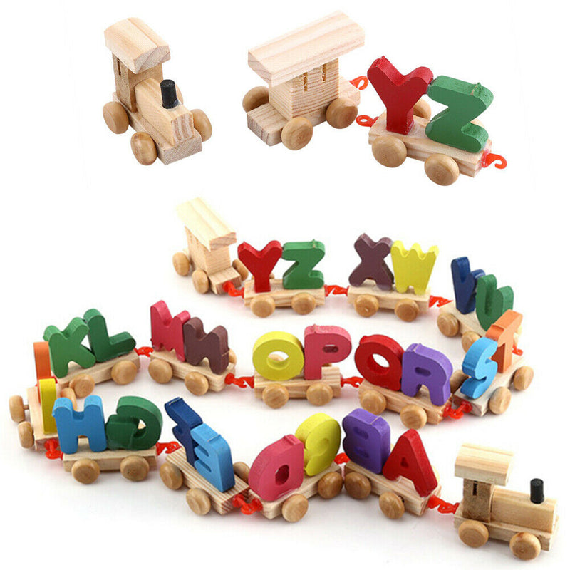 Wooden Train Set Alphabet Letters with Carriage Kids Toddler Educational Toys