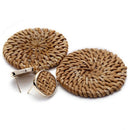 Weave Straw Double Disc Drop Earrings Boho Rattan Dangle Statement Earrings D4J3