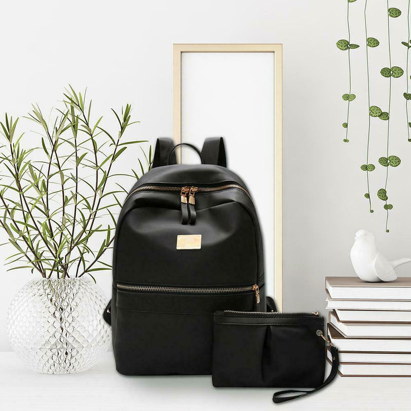 2pcs/set Women Nylon Backpack Clutch Preppy Solid Shoulder Schoolbags Purse Bags