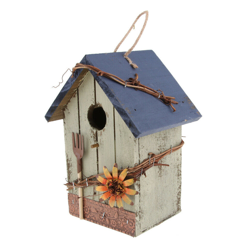 Set of 2 Bird House Wooden Carved Floral Birdhouse with Hanging - Blue
