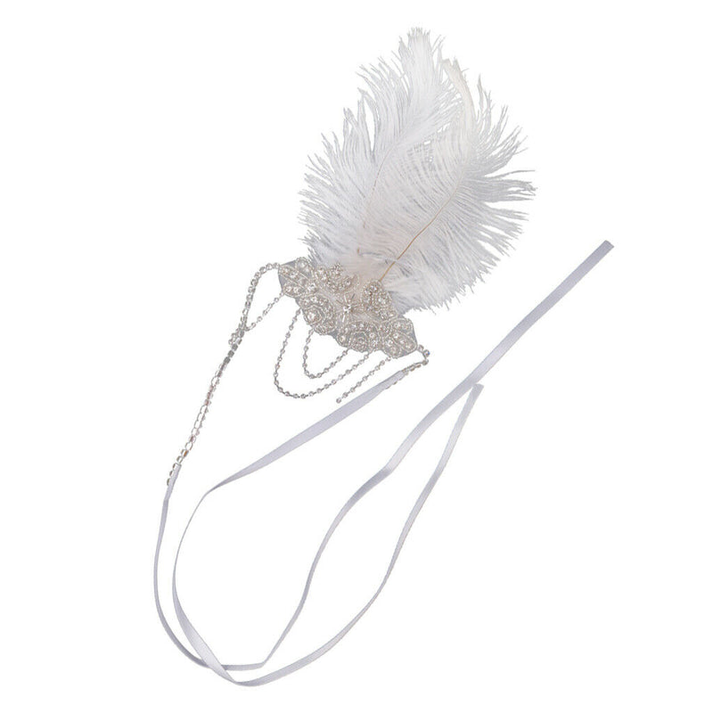 White Feather Flapper Headband w/Tassel 1920s Great   Bridal Headpiece