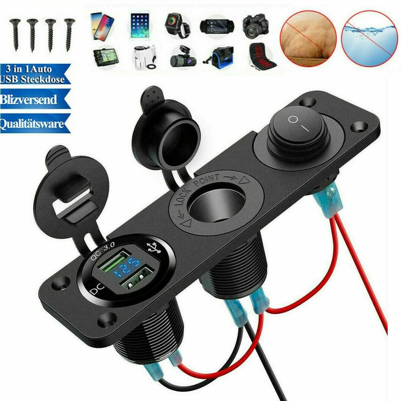 12V-24V Car Cigarette Lighter Socket + Dual USB Charger + Voltmeter Panel l-