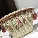 Women Tassel Coin Purse Diagonal Across The Shoulder Rattan Beach Bag(Khaki