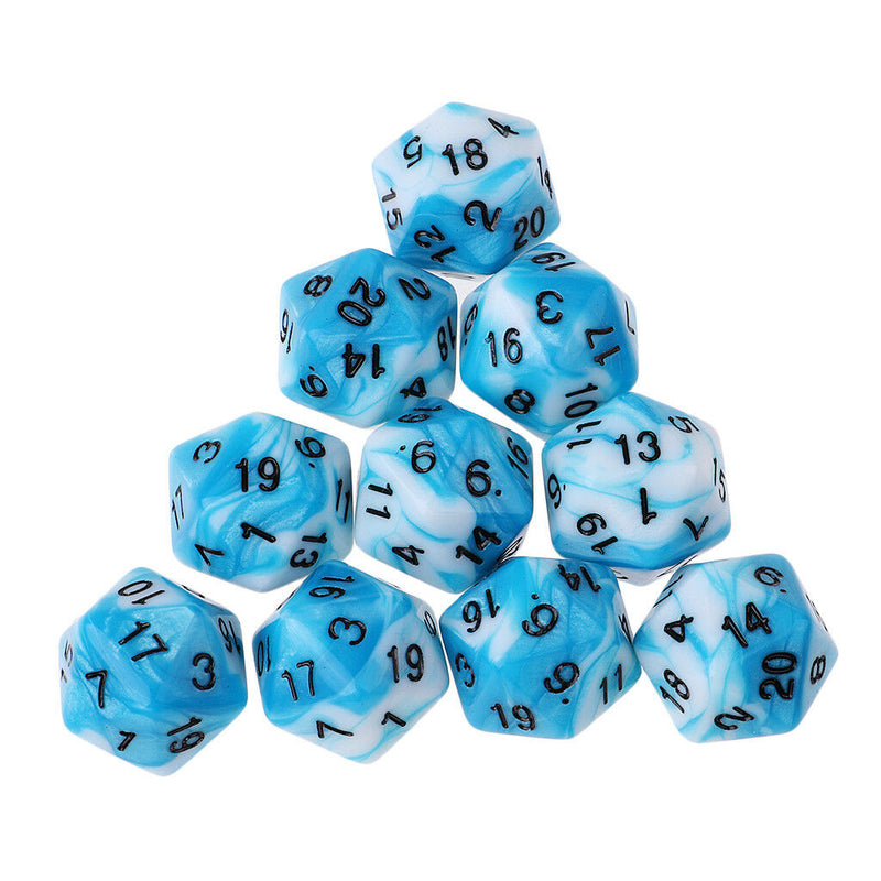 Set of 10 Blue White D20 Acrylic Dice for RPG D&D Gaming Twenty Sided Die