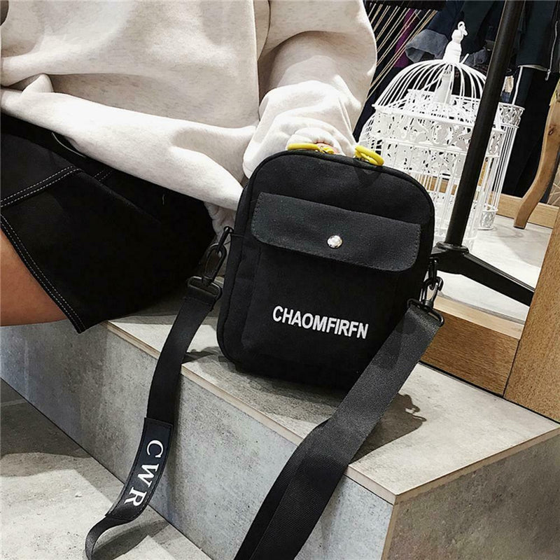 Letter Print Sports Shoulder Handbags Unisex Canvas Crossbody Bags (Black)