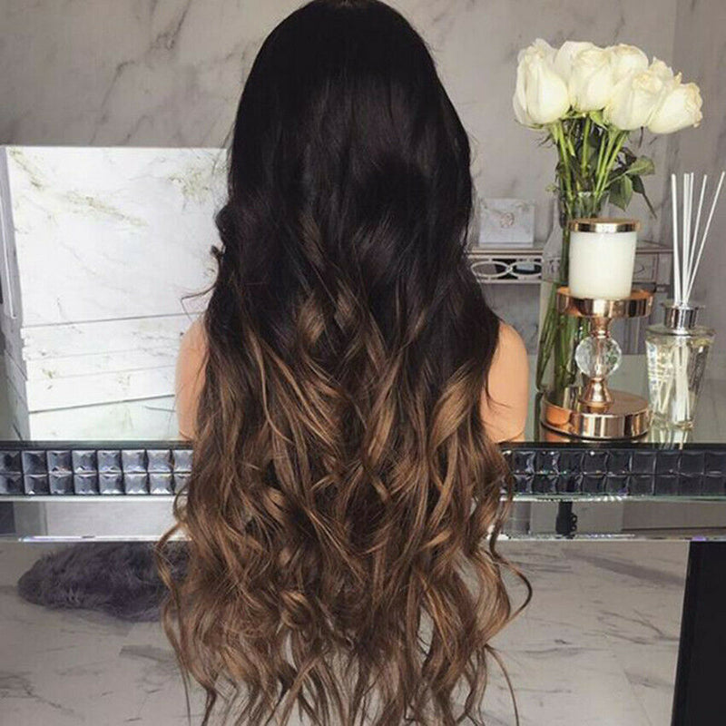 Women Synthetic Hair Full-Wigs Natural Long Wavy Wig Heat Resistant Black &Brown