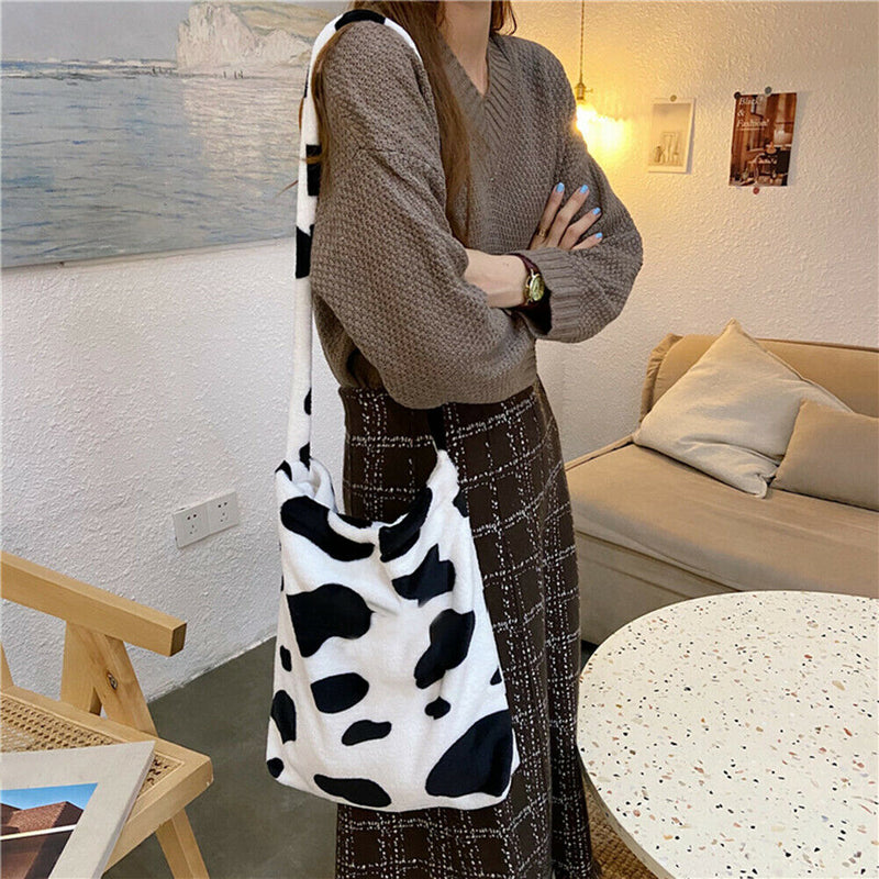 Cow Print Crossbody Bag Plush Women Fashion Big Capacity Shoulder Pouch (1)