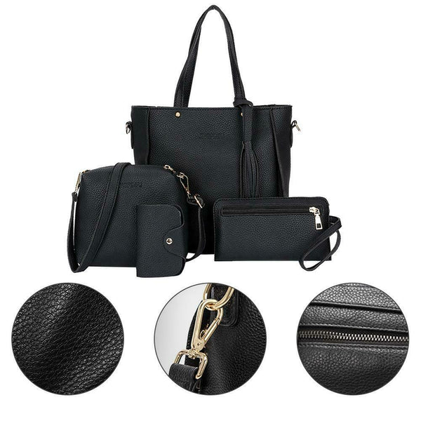 4pcs/Set Lichi Leather Tassels Women Tote Shoulder Clutch Card Bags (Black) A#S