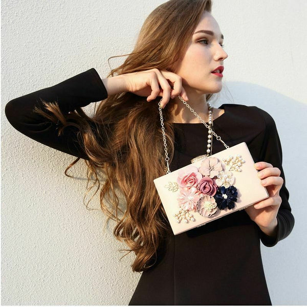 Women Clutch Bag Floral Party Purse Wedding Evening Handbags, White M1W3