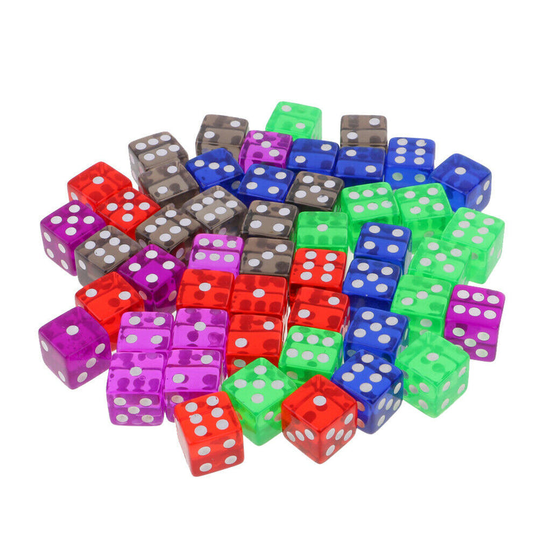 Bag of 50 Pieces of Transparent Dice Set of 5 Colors of 16mm D&D MTG Board Games