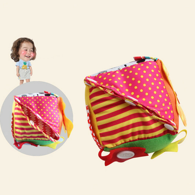 Montessori Learn to Dress Cube, Soft Plush Hand Grasp Block, Baby Educational