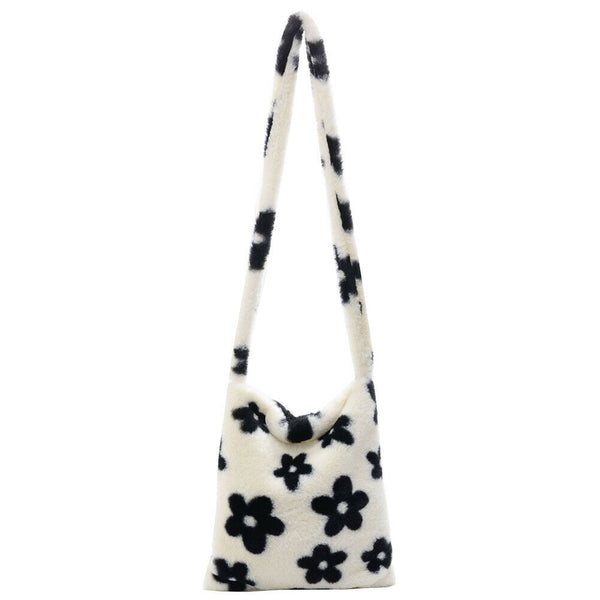 Portable Flower Printed Shoulder Handbag Plush Messenger Bag Street Totes