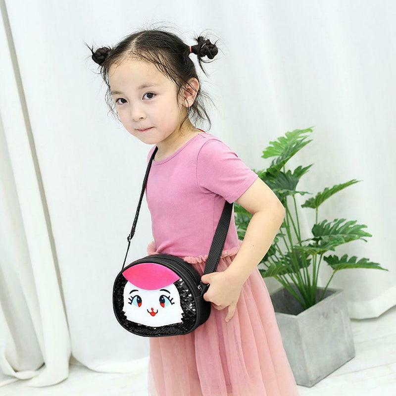 Cartoon Print Bag Girl Kids Sequins Shoulder Messenger Leather Bags (Black) A