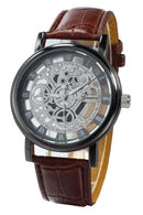 (Brown Strap & Black Dial) Men's Faux Leather Band Wrist Skeleton Watch