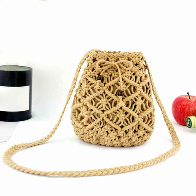 Woven Shoulder Drawstring Bucket Handbags Women Crossbody Bag (Light Brown)