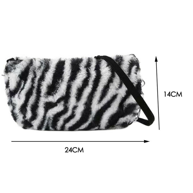 Lady Zebra Pattern Plush Shoulder Handbags Small Purse Tote Street Messenger Bag