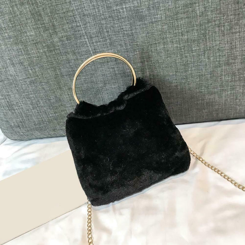 Fashion Soft Plush Handbag Women Shoulder Messenger Bag Travel Tote (Black)