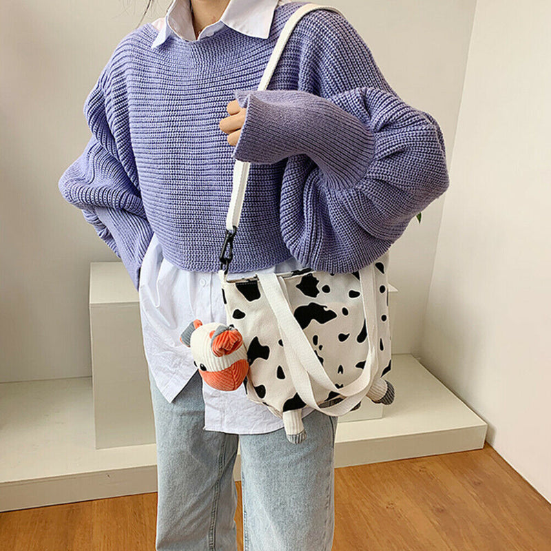 Fashion Women Cow Print Shoulder Bags Canvas Pendant Handbags Casual Totes