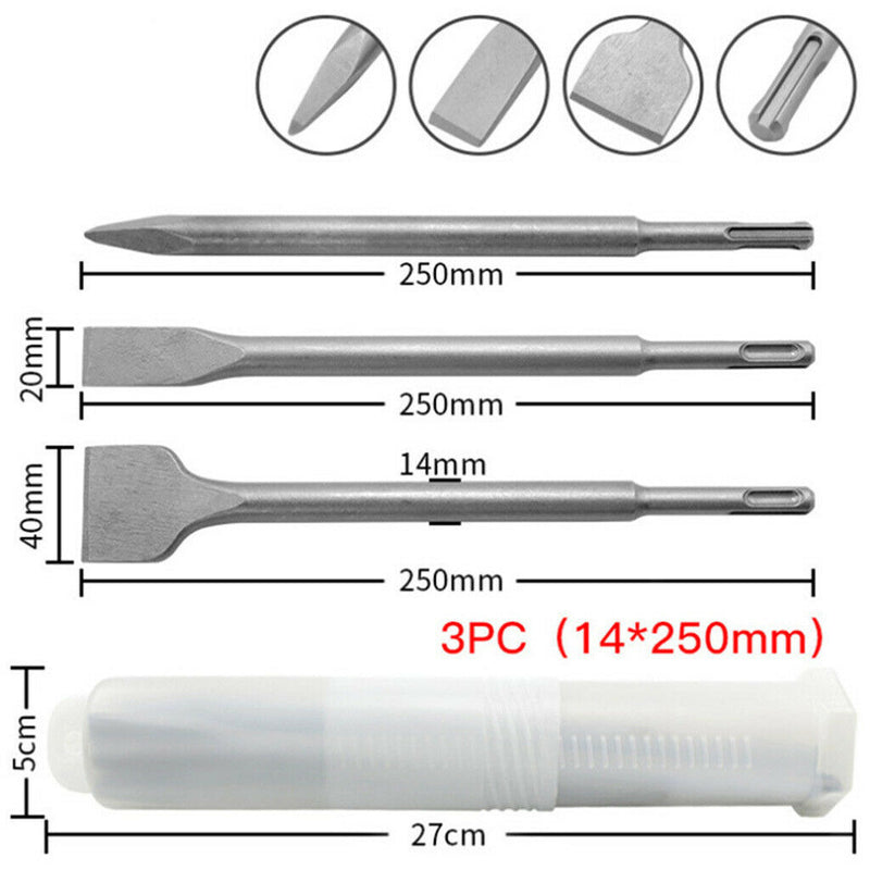 3 Pcs Rotary Hammer Point&Flat Chisels Set Concrete Wall Drill Bit 10" In L