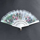 Hollow Out Rib Peony Print Lace Trim Folding Fabric Hand Fan Colored T2X4