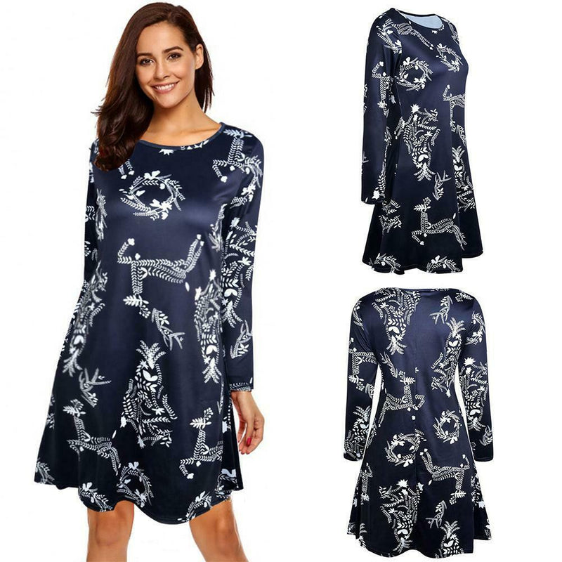 Christmas Floral Long Sleeve A-line Dress O-neck Retro Women Dresses (S)