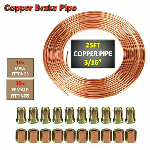 25FT 3/16" Copper Brake Pipe Tube Hose Kits 10mm Fittings Male+Female Nuts J Hn