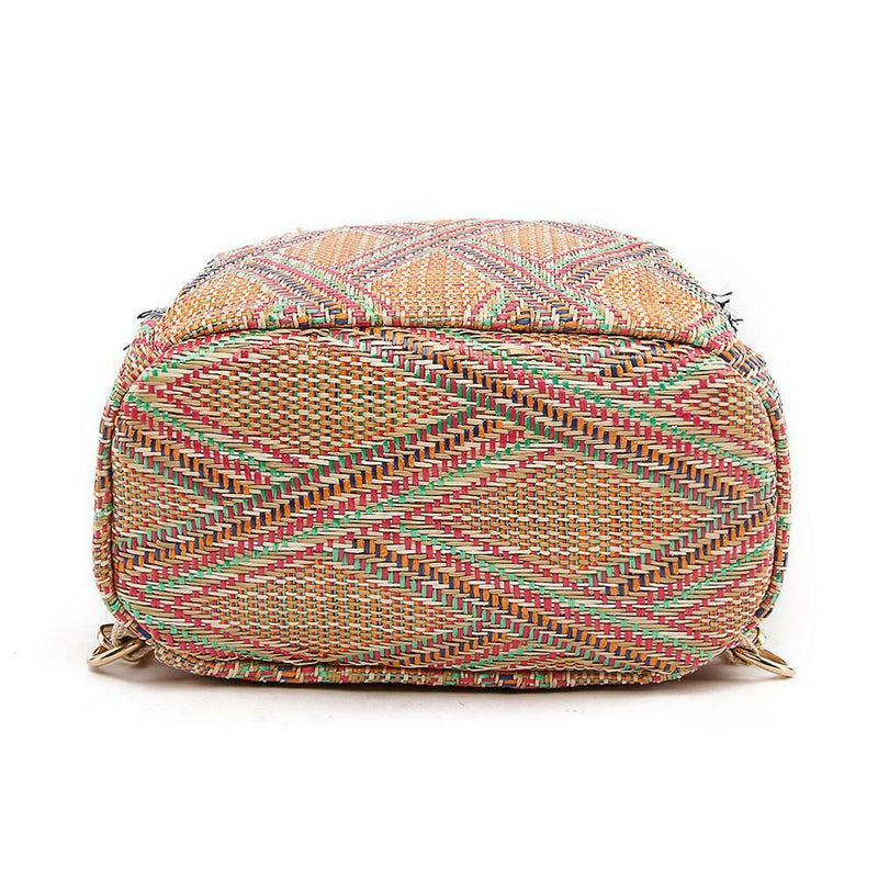 Straw Small Backpacks Women Stripe Print Shoulder School Bags (Dark Brown)