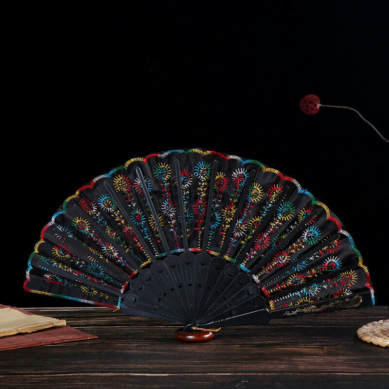Rainbow color Christmas Dance Fan Peacock Pattern Folding Embroidered Gift fa lj