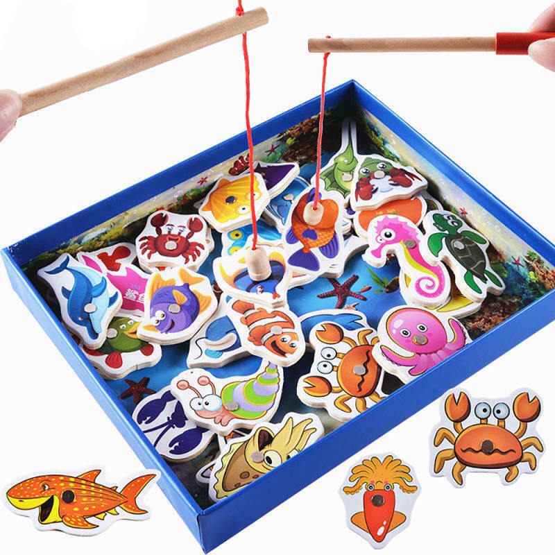 Kids Wooden Double Sided Magnetic Fishing Toys Kit+ 32pcs various sea a MKW