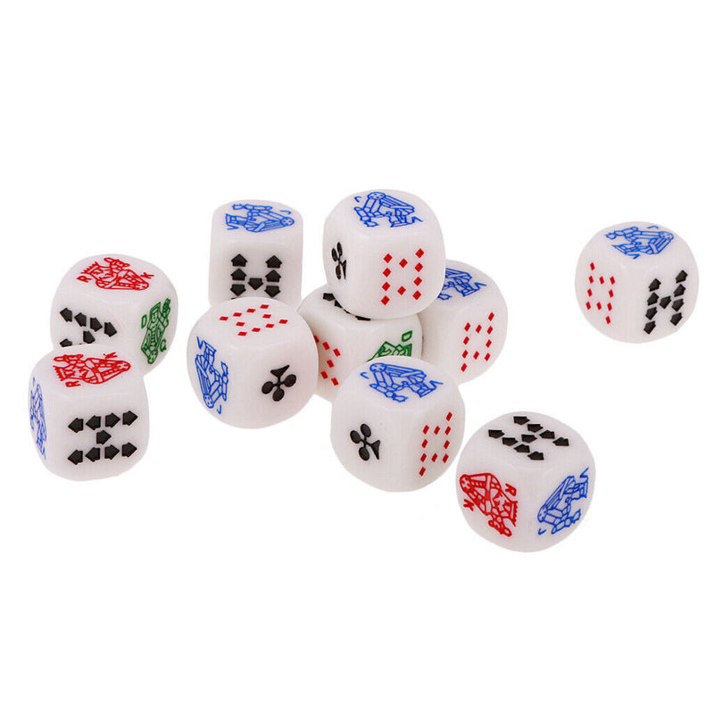 10 Pieces 12mm/0.47inch Acrylic 6-Sided Poker Dice With Symbols A K Q J 10 9