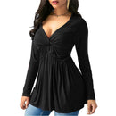 Women Spring Solid Color Shirts Casual V-neck Pleated Tops (Black)(XL)