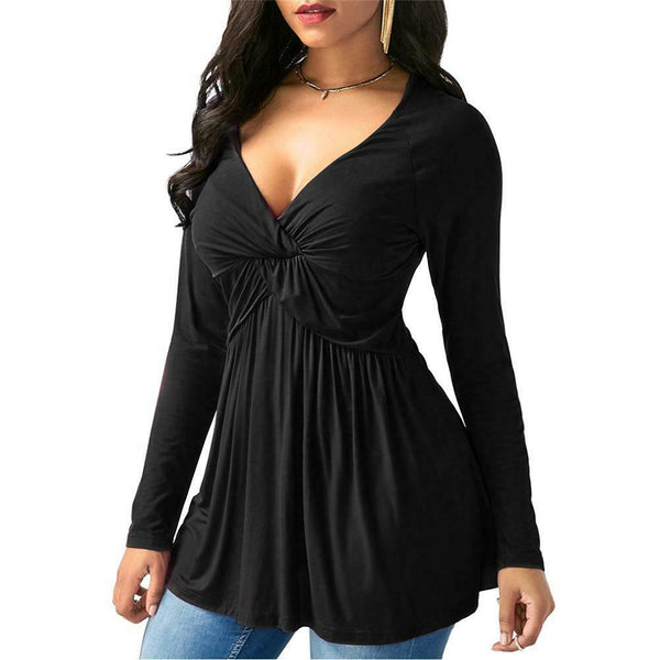 Women Spring Solid Color Shirts Casual V-neck Pleated Tops (Black)(XL)