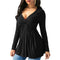 Women Spring Solid Color Shirts Casual V-neck Pleated Tops (Black)(XL)