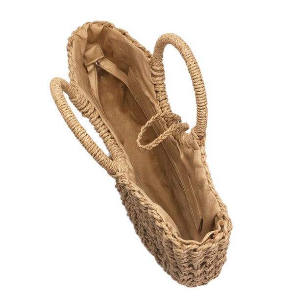 Straw Bag Paper Rope Round Bucket Hollow Woven Bag Retro Casual Belt Buckle H2S1