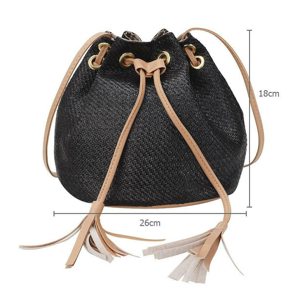 Straw Tassel Bucket Sling Shoulder Bags Women Messenger Handbags (Black)