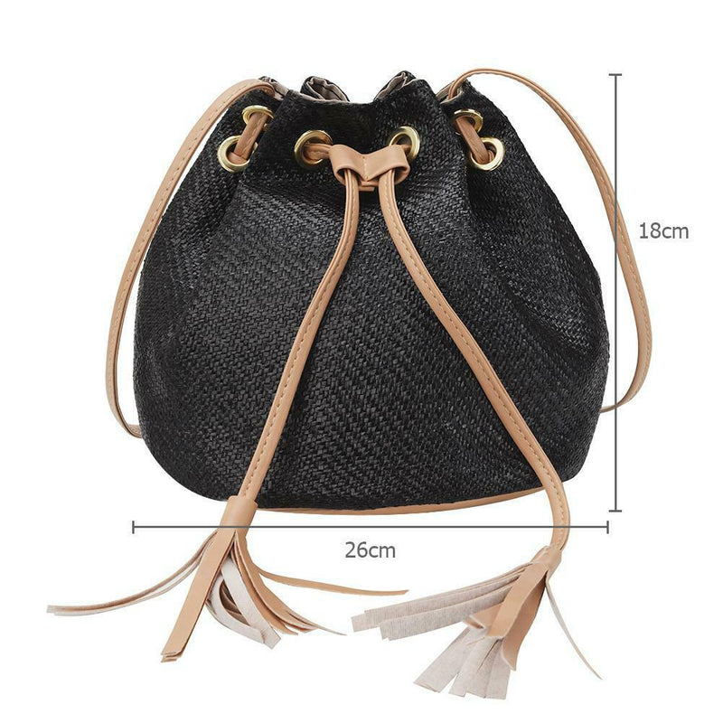 Straw Tassel Bucket Sling Shoulder Bags Women Messenger Handbags (Black)