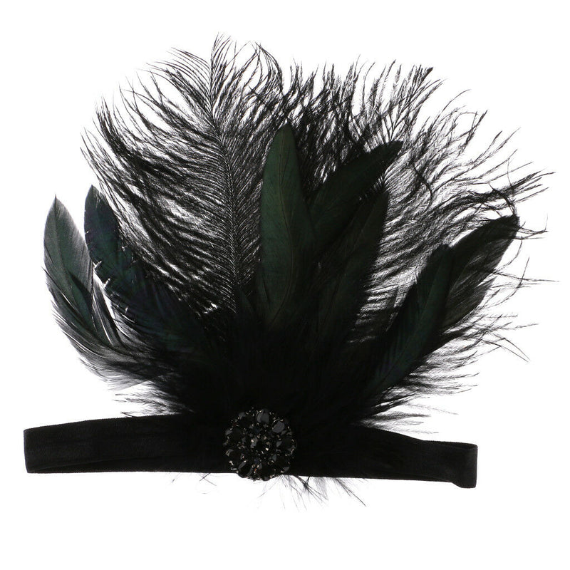 Pitch Black Feather Flapper Dress Costume Hairband Bridal Headpiece 1920's