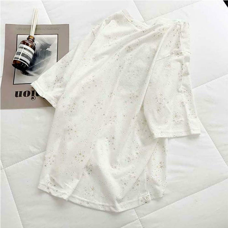 Summer Women Loose T-shirt Star Print Sequin Short-Sleeve Tops (White) (M)