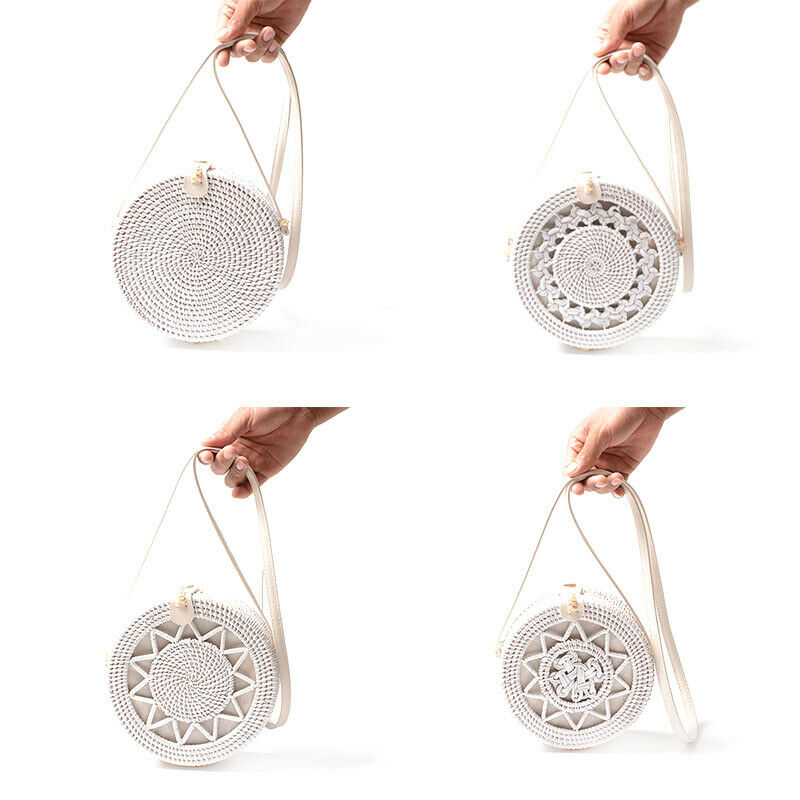 New White Round Rattan Bags For Women Boho Beach Crossbody Bag Straw Handma P2E3
