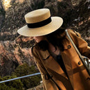 Women Wide Brim Summer Beach Hats Natural Straw Boater Hats Flat Top Sun Ha